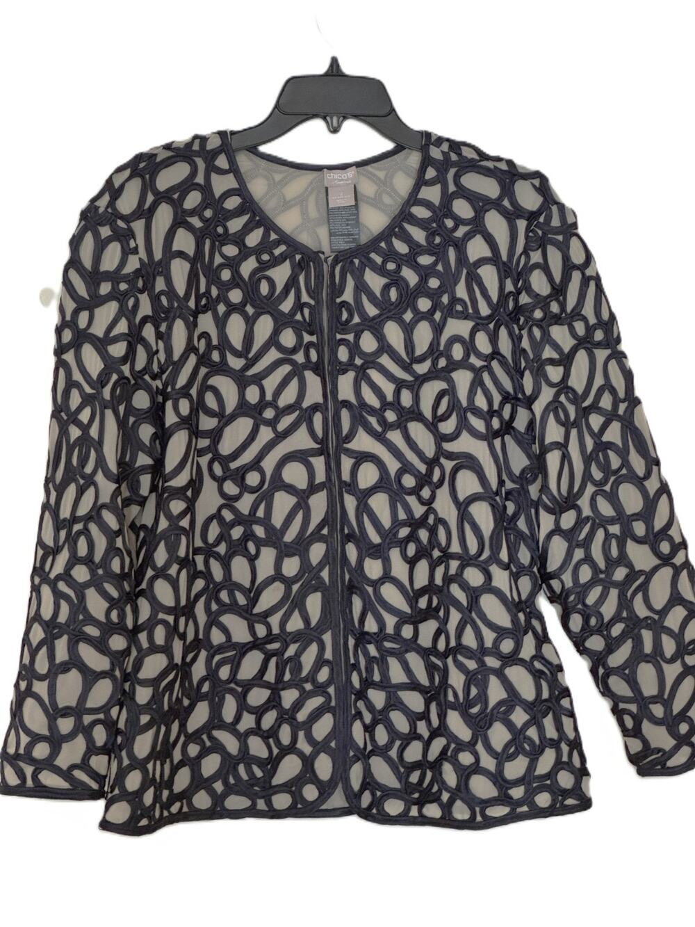 Chico's Travelers Soutache Applique Jacket 2 US 12/14 XL Navy Beige Mesh Open